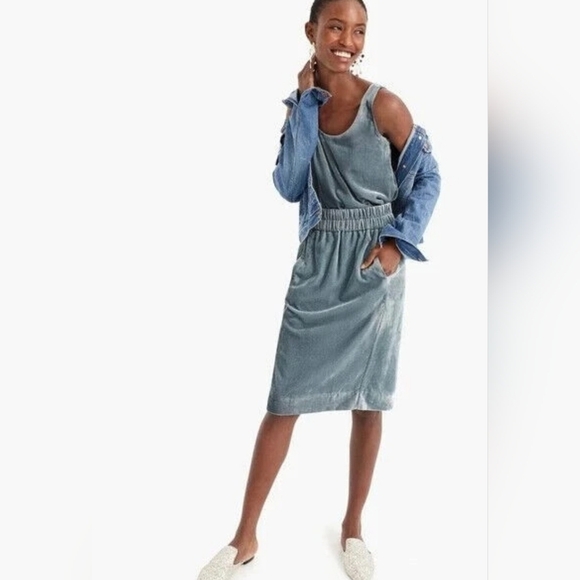 J. Crew Women's Gray Blue Velvet Midi Skirt Pull On Lined Size S Soft Sheen - Picture 1 of 12